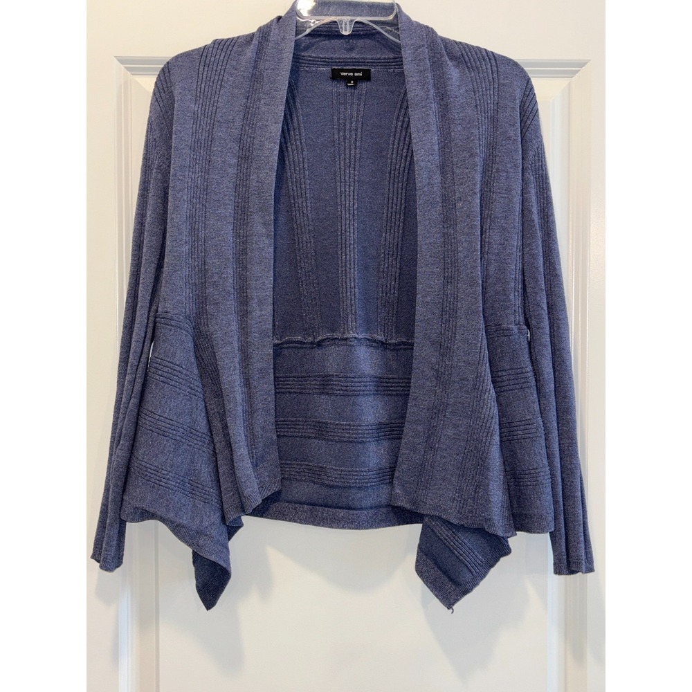 Verve Ami Cardigan Sweater Womens Small Navy Blue Open Front Asymmetrical Hem